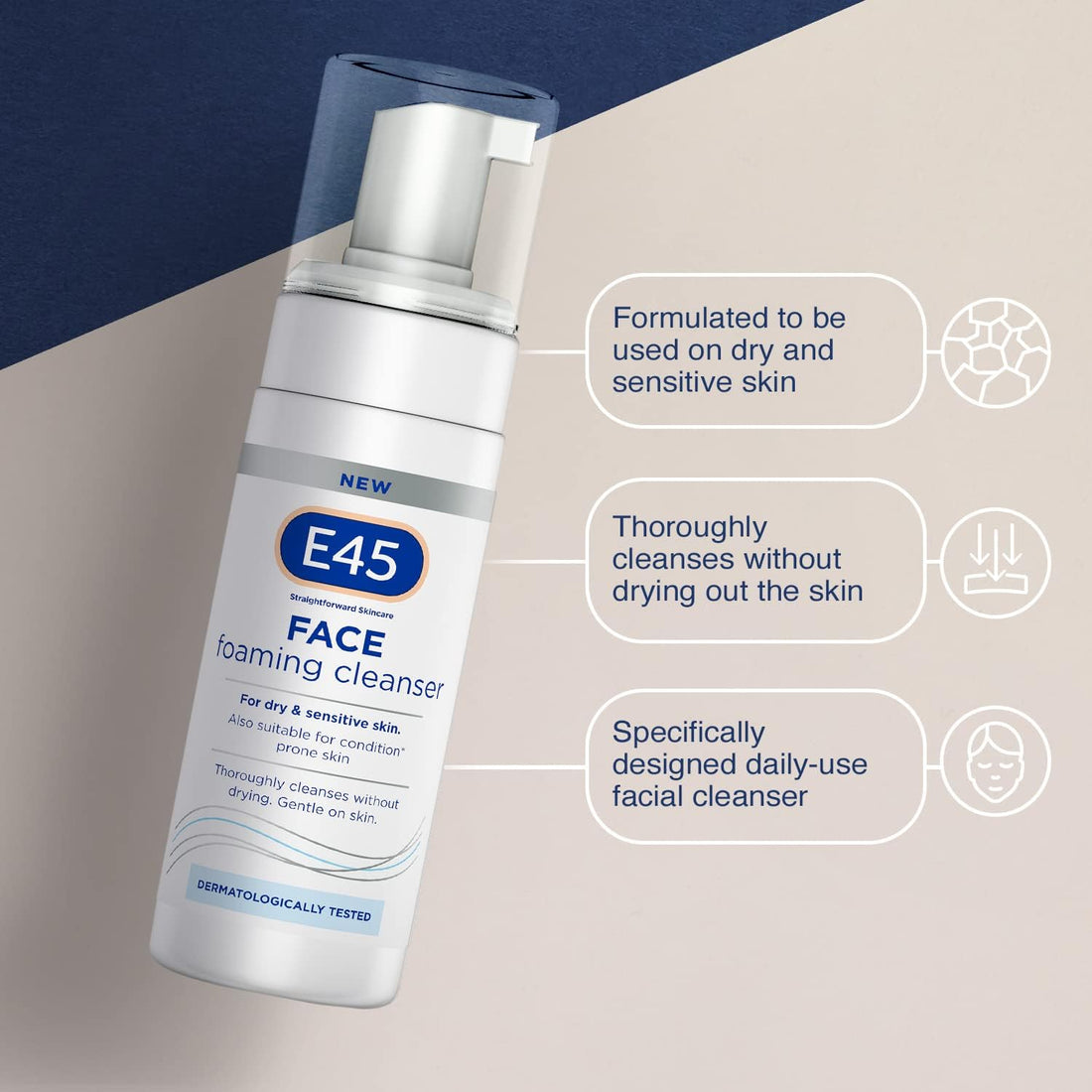 E45 Foaming Face Wash - Daily Cleanser for Dry & Sensitive Skin - Gentle Makeup Remover - Softens Skin & Controls Oil - Skincare for Women & Men, 150ml