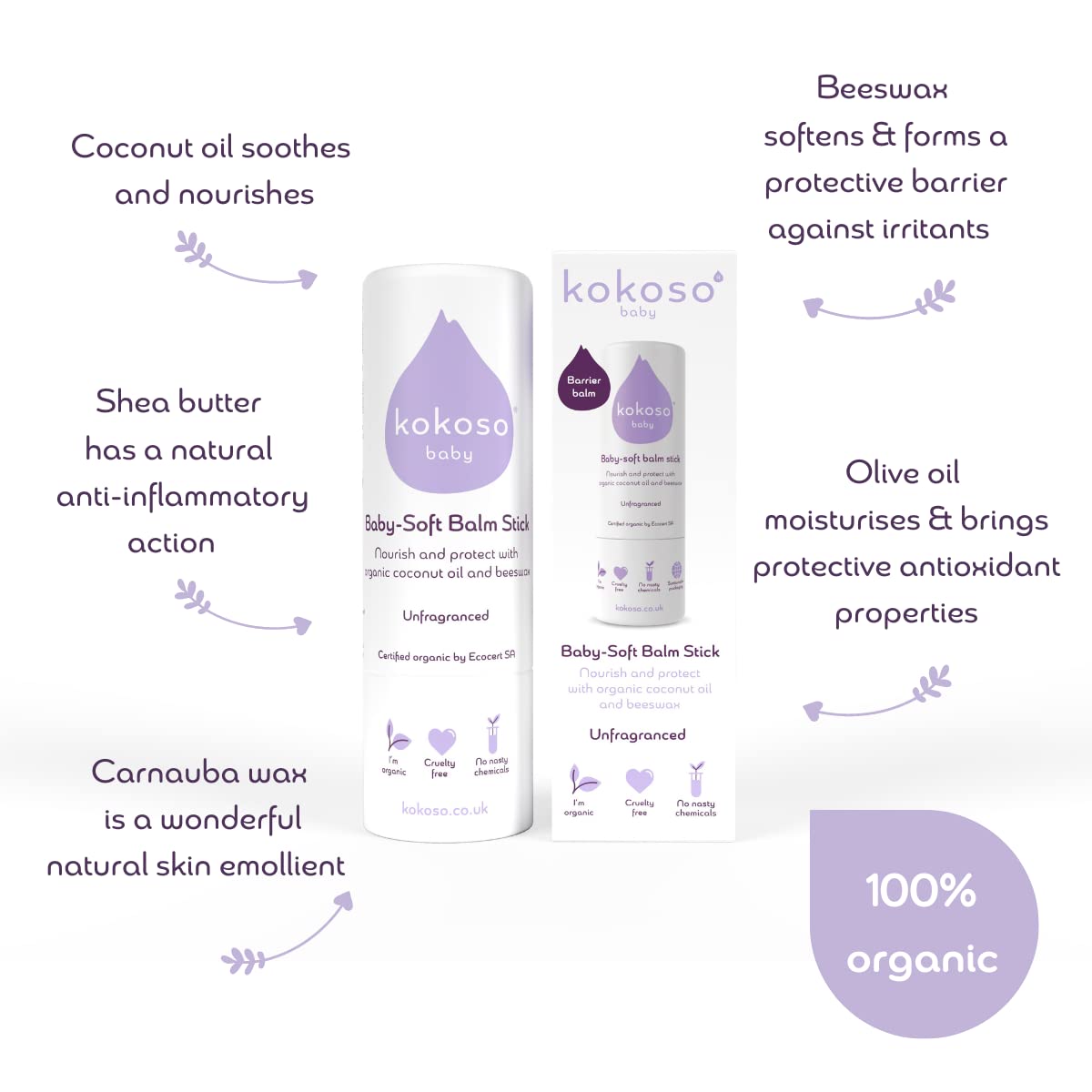 Kokoso Baby Soft Balm Stick, Organic Lavender, Great for Dry Hands, Sore Lips and Chapped Cheeks, Protects Dribbly Chins and Soothes Dribble Rash, 100% Natural & Organic Ingredients, 13g Halalzen