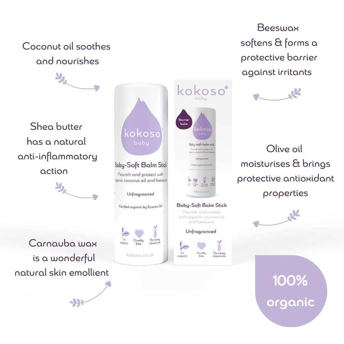 Kokoso Baby Soft Balm Stick, Organic Lavender, Great for Dry Hands, Sore Lips and Chapped Cheeks, Protects Dribbly Chins and Soothes Dribble Rash, 100% Natural & Organic Ingredients, 13g Halalzen