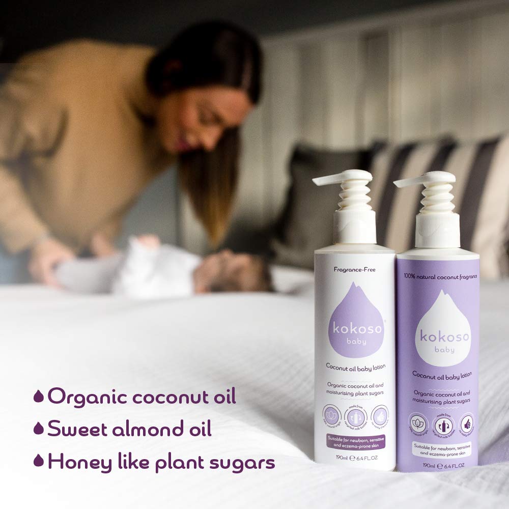 Kokoso Baby - Coconut Oil Baby Lotion, Unfragranced - Organic Coconut Oil & Sweet Almond Oil - Moisturises & Nourishes - Suitable for Dry, Sensitive & Eczema Prone Skin - 190ml Halalzen