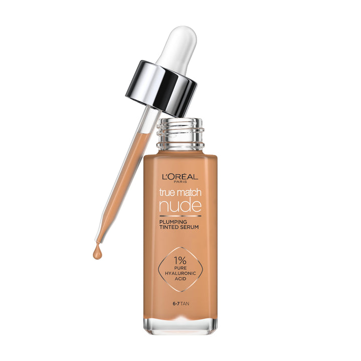 L'Oréal Paris Nude Tinted Serum for Face, Plumping and Hydrating Face Makeup, 1 Percent Pure Hyaluronic Acid, Nude Foundation to Cover, Replumps and Hydrates Skin in One Hour, Shade 4-5 Medium