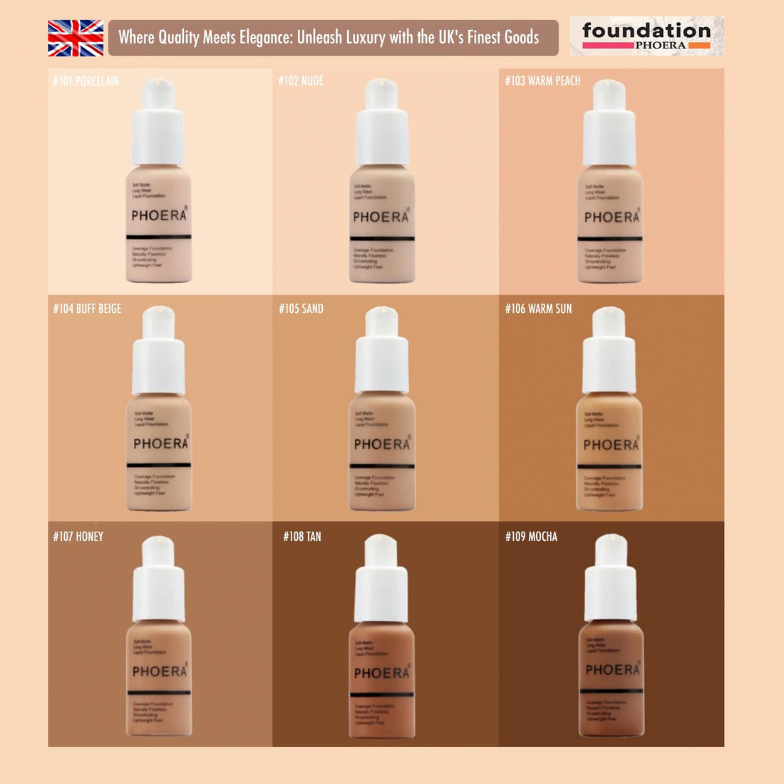 Glamza PHOERA Foundation Concealer Makeup Full Coverage Matte Brighten Long Lasting UK (104 BUFF BEIGE) Halalzen