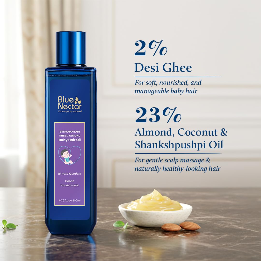Blue Nectar Ayurvedic Baby Hair Oil for Newborn with Organic Ghee, Almond, Olive & Coconut Oil for Hair Growth and Scalp Moisturization (18 Herbs, 100ml) Halalzen