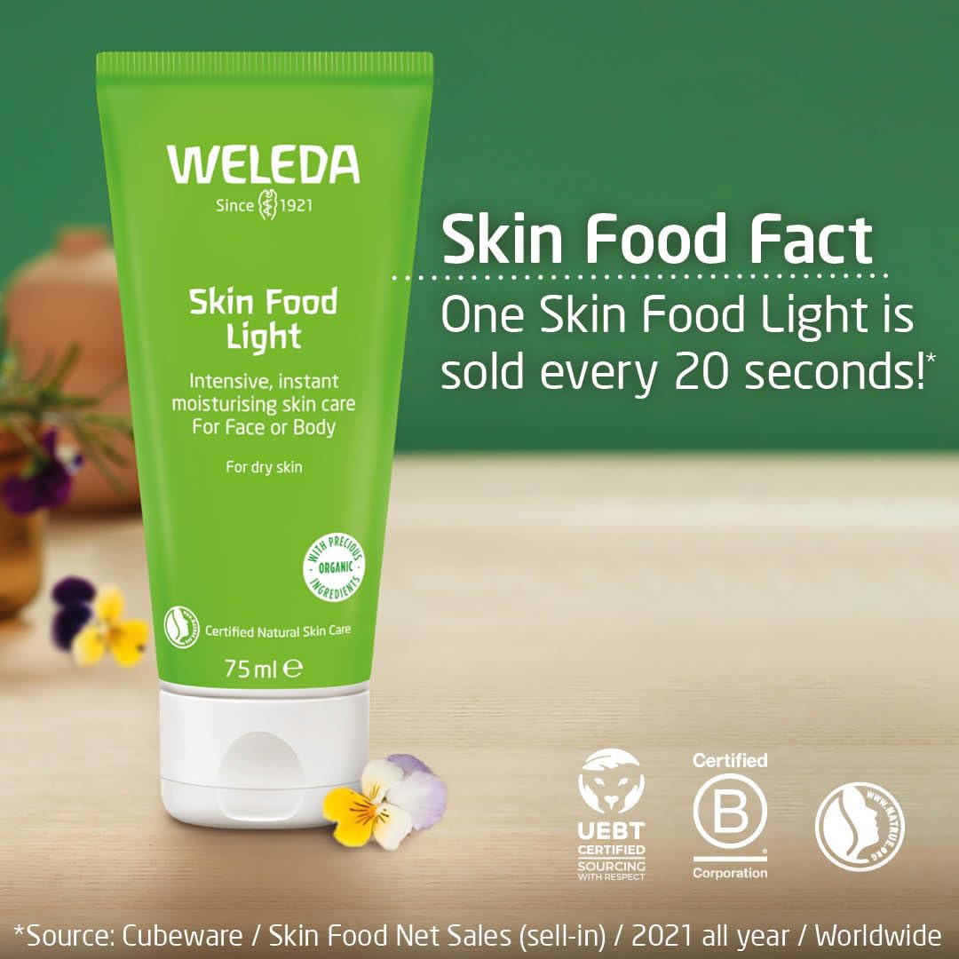 Weleda Skin Food Light, Dry Skin Moisturiser, Moisturising Cream & Primer, Face & Body, For Men & Women, Multiple Uses, 100% Certified Natural, Organic, 75ml