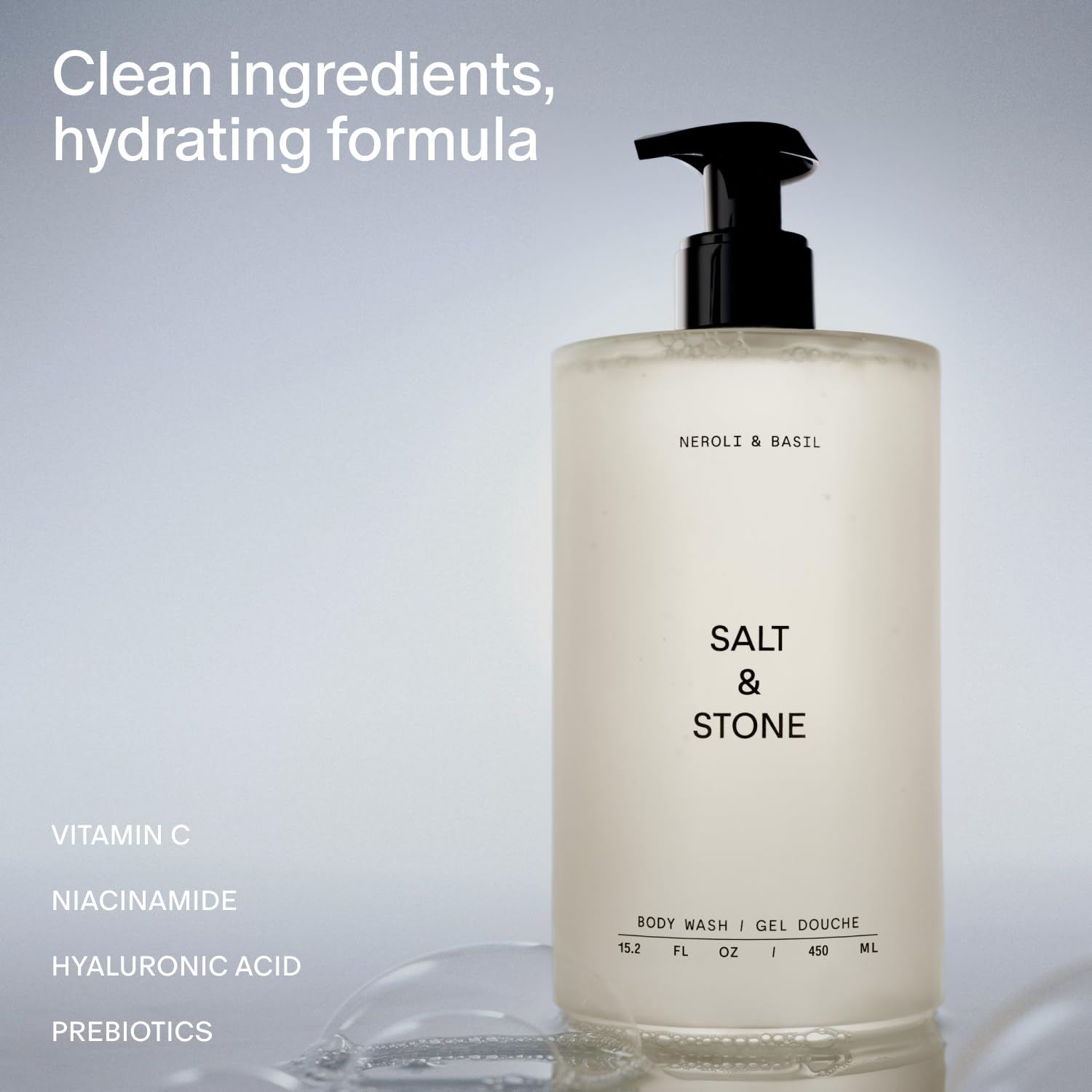 Salt & Stone Body Wash with Antioxidants for Deep Moisture | For Women & Men, Sulfate, Paraben, & Dye Free, Leaving Skin Soft and Hydrated | Bergamot & Hinoki 15.2 fl oz