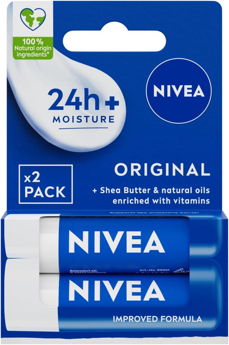 NIVEA Original Care Duo Pack Lip Balm (2x 4.8g), Lip Moisturiser Deeply Hydrates for 24h+, 100% Natural Origin Ingredients, Shea Butter, and Vitamins, Lip Care Halalzen