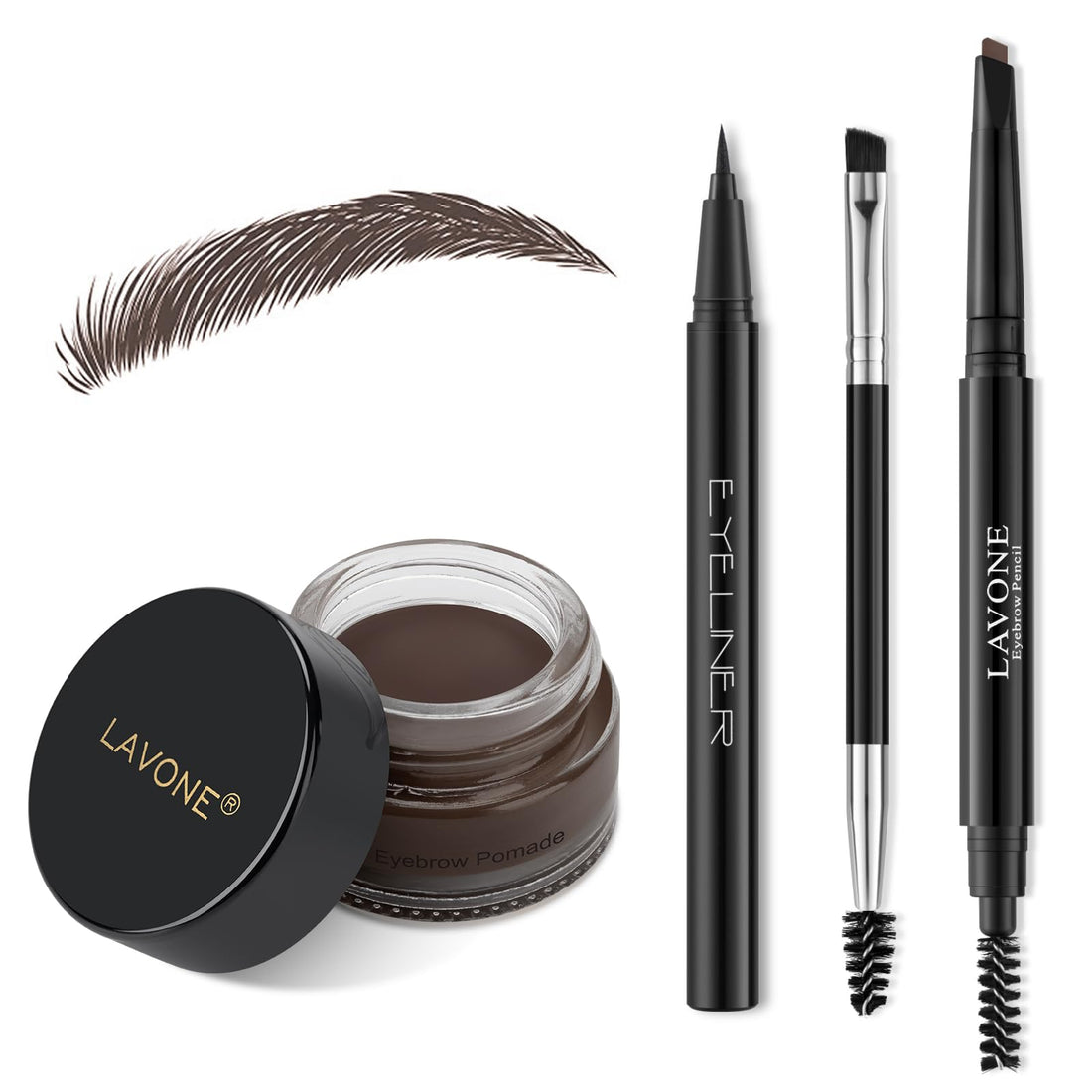 LAVONE Makeup Kit With Eyebrow Stamp Pencil, Waterproof Brow Pencil & Pomade, Eyeliner, Dual-ended Eyebrow Brush, Dark Brown