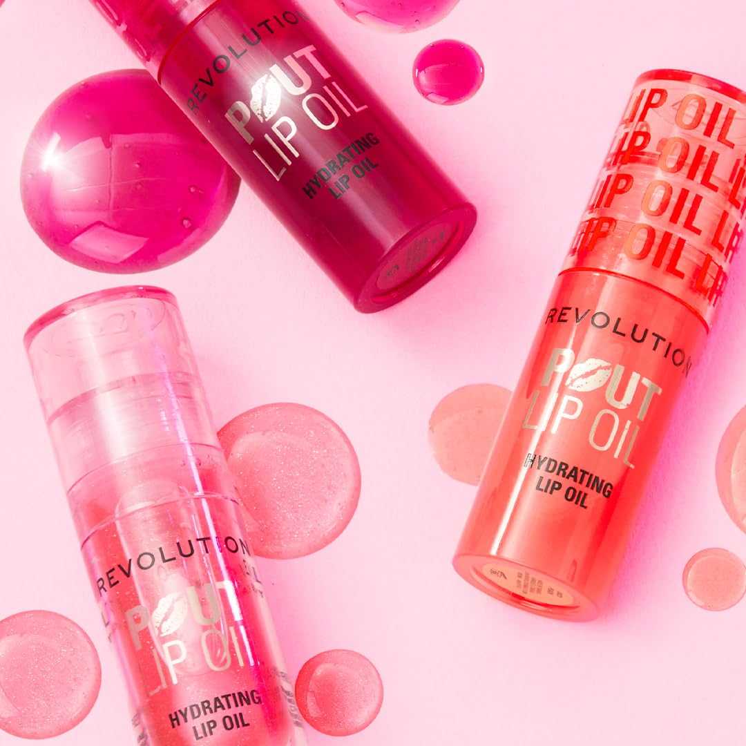 Revolution, Pout Lip Oil, Nourishing Tinted Lip Oil, High Shine, Non-Sticky Finish, Vegan & Cruelty-Free, Glam Pink Shimmer, 4ml