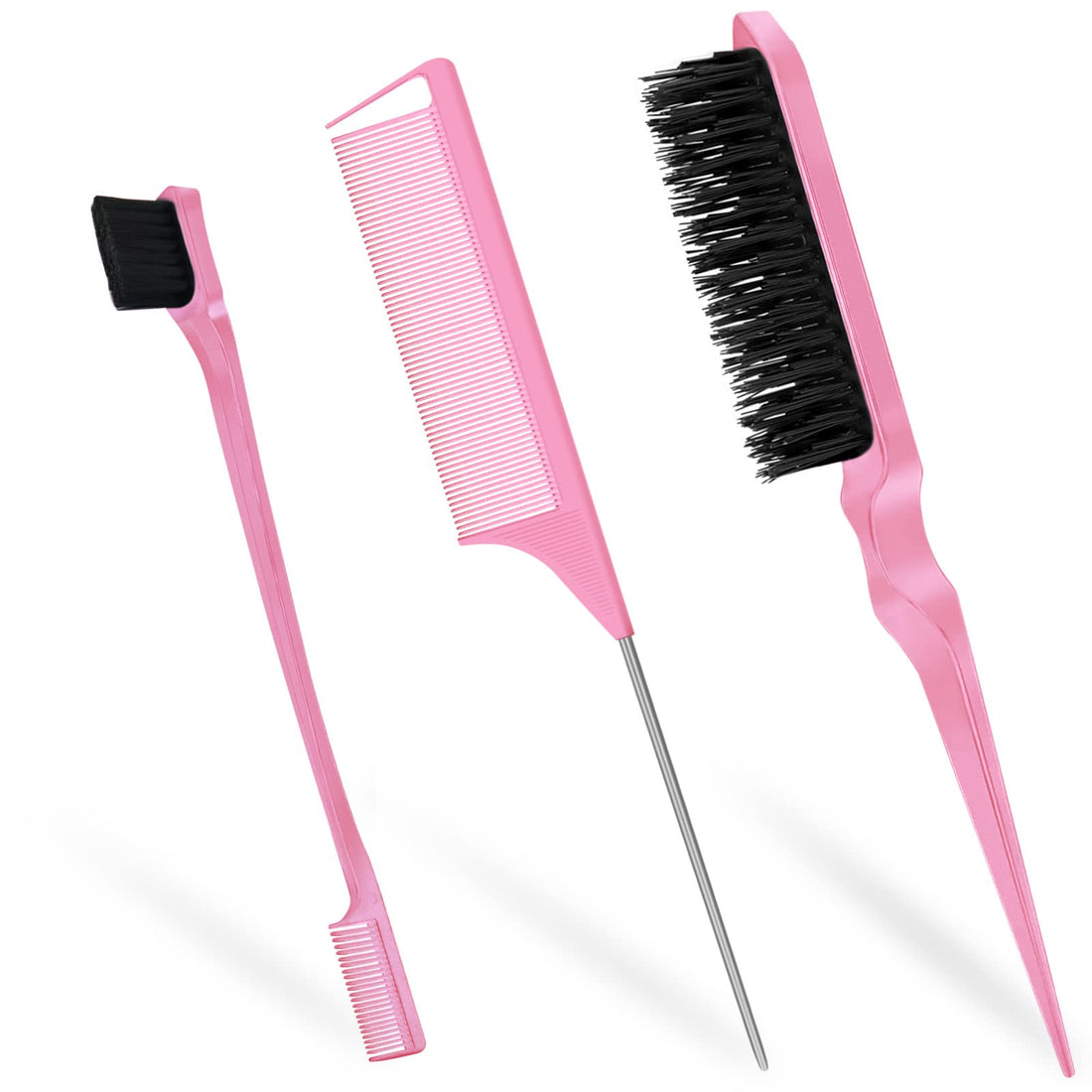 Qufiiry 3-Piece Hair Slick-Back Brush Set - Teasing & Edges Brush for Women's Salon Styling - Pink Halalzen