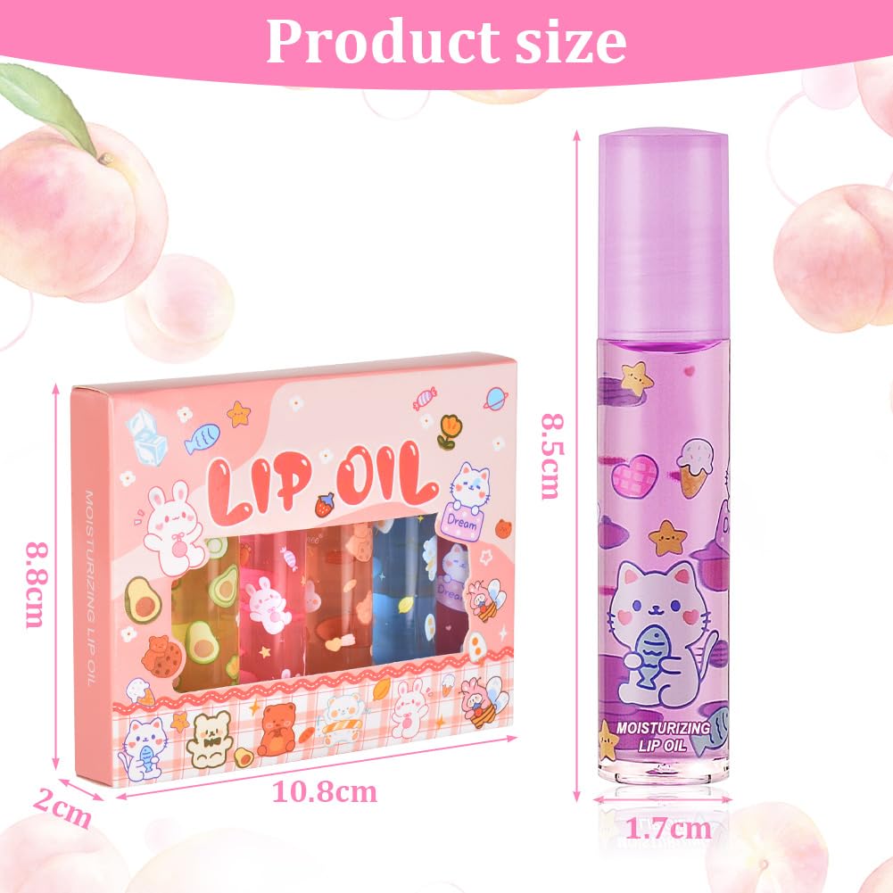 AOOWU 6 Pcs Hydrating Lip Oil Set, Fruit-Flavored Plumping Lip Oil, Long Lasting Lip Glow Balm Lip Care, Transparent Moisturizing No-Sticky Lip Gloss(Peaches,Orange,Avocado,Strawberry,Grape,Cherry)8ML