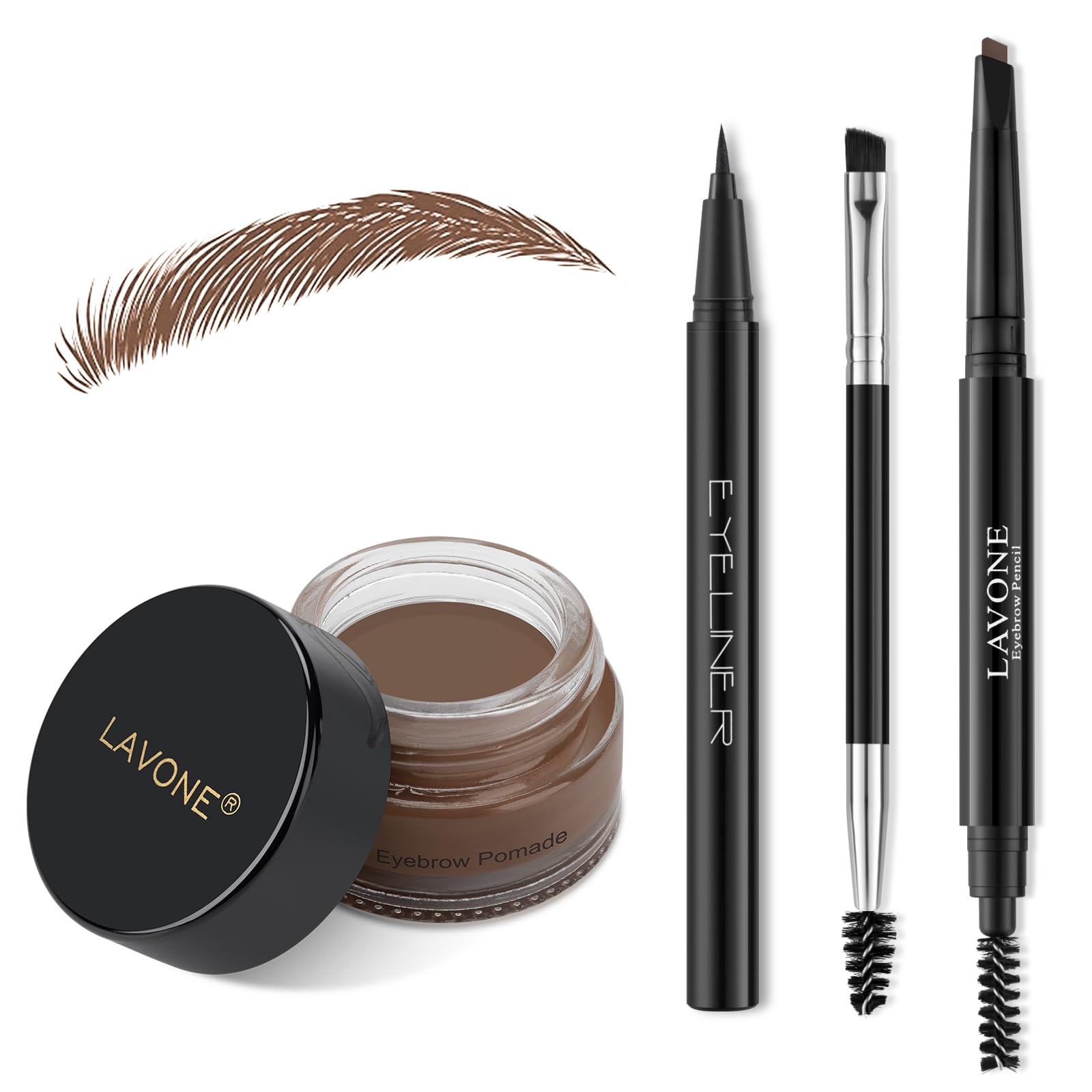 LAVONE Makeup Kit With Eyebrow Stamp Pencil, Waterproof Brow Pencil & Pomade, Eyeliner, Dual-ended Eyebrow Brush, Dark Brown