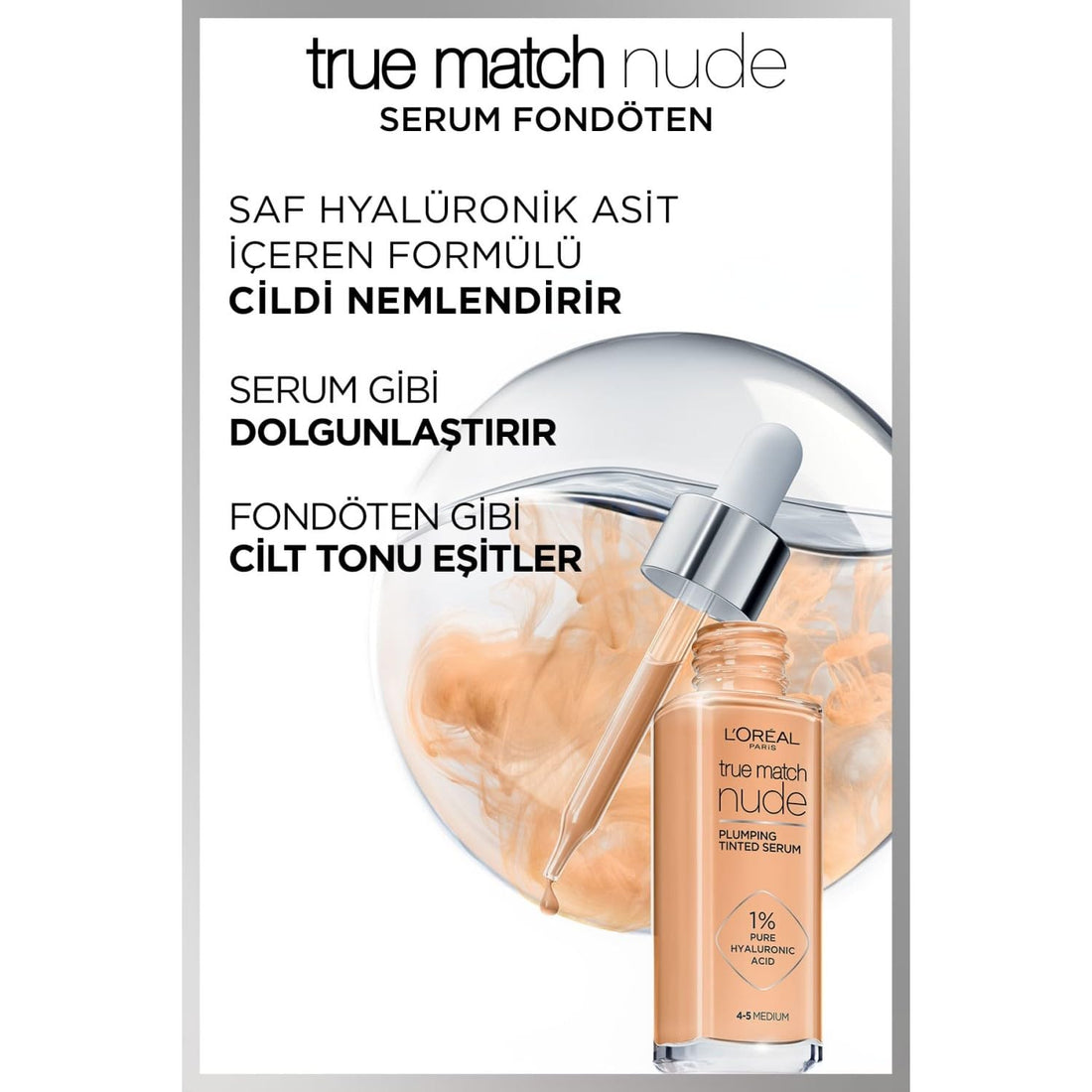 L'Oréal Paris Nude Tinted Serum for Face, Plumping and Hydrating Face Makeup, 1 Percent Pure Hyaluronic Acid, Nude Foundation to Cover, Replumps and Hydrates Skin in One Hour, Shade 4-5 Medium Halalzen