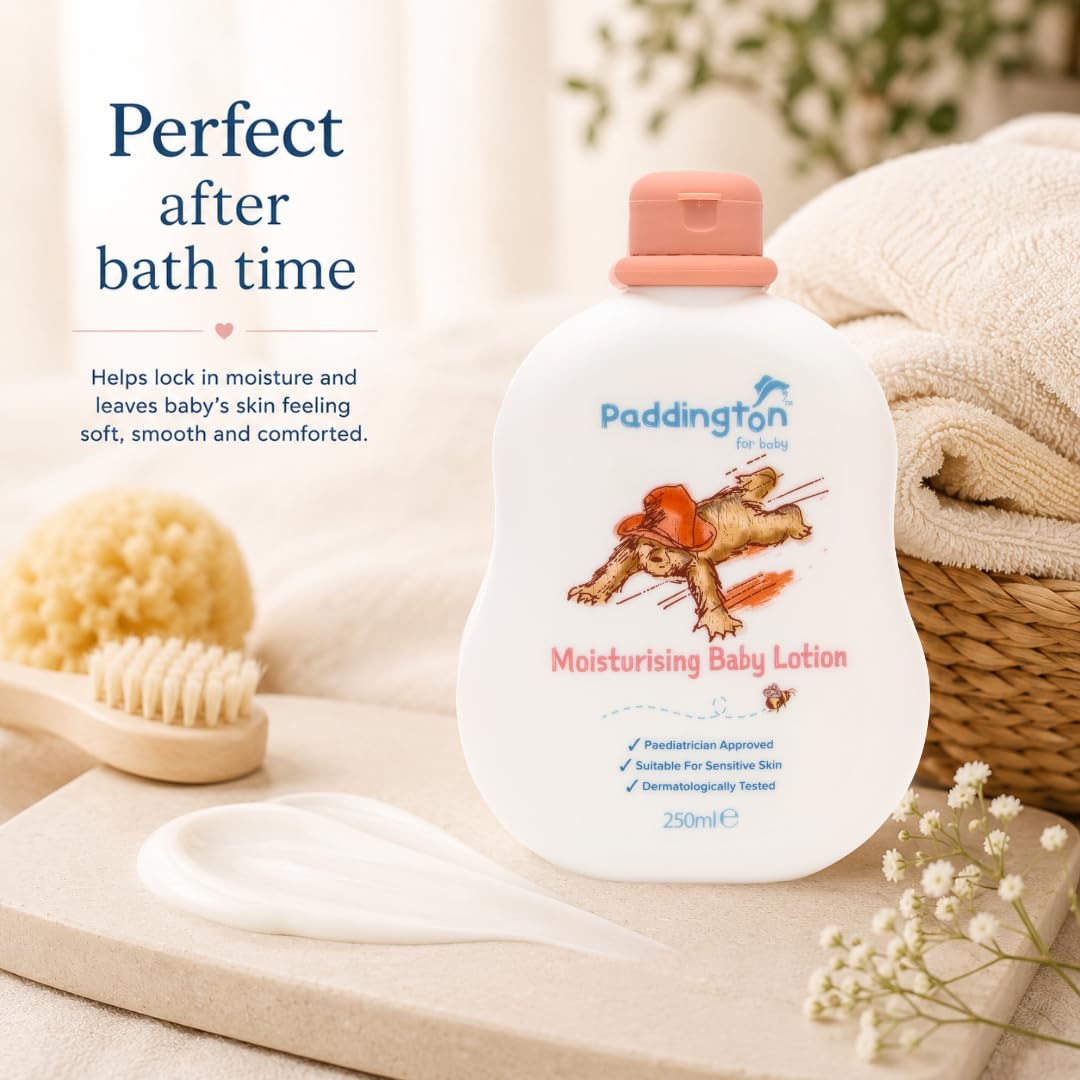 Paddington Bear Moisturising Baby Lotion 250ml – Gentle Baby Moisturiser for Newborns & Sensitive Skin – Paediatrician Approved, Dermatologically Tested, 97% Naturally Derived Ingredients Halalzen