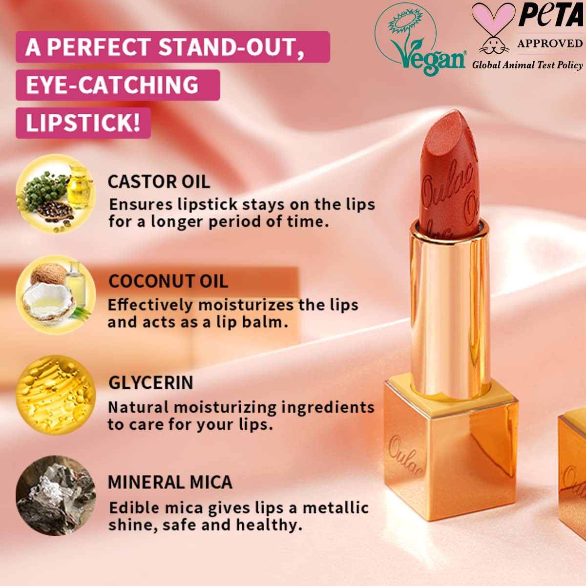 OULAC Metallic Shine Glitter Lipstick, Pink High Impact Lipcolor, Lightweight Soft and Ultra Hydrating, Long Lasting, Vegan & Cruelty-Free, Full-Coverage Lip Color 4.3 g/0.15 HIP & HIPPIE(11) Halalzen