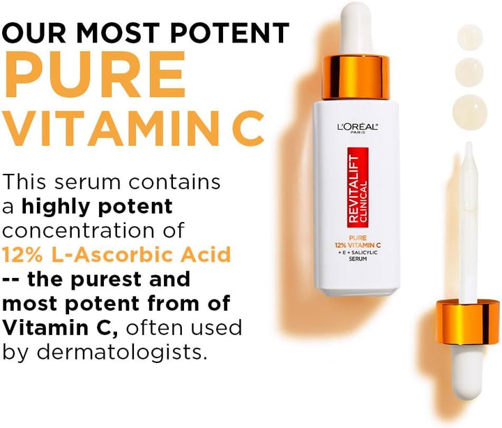 L'Oréal Paris Vitamin C Serum For Face, Revitalift Clinical 12% Pure Vitamin C Brightening Serum for Brighter & Smoother Skin, Antioxidant Protection with Salicylic Acid & Hyaluronic Acid, 30ml