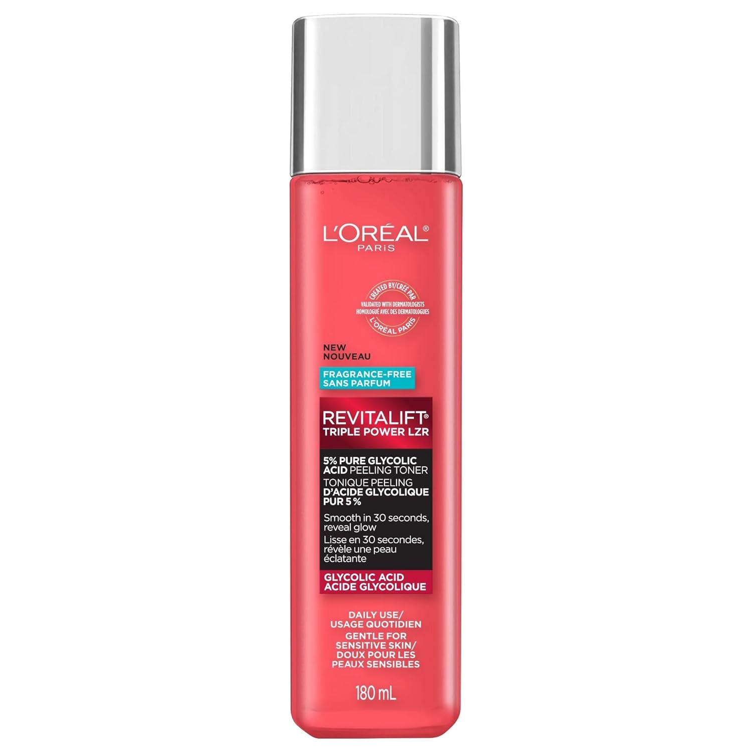 L'Oreal Paris Revitalift 5% Pure Glycolic Acid Peeling Toner with Aloe Vera, Alcohol Free, Fragrance Free 6 fl oz