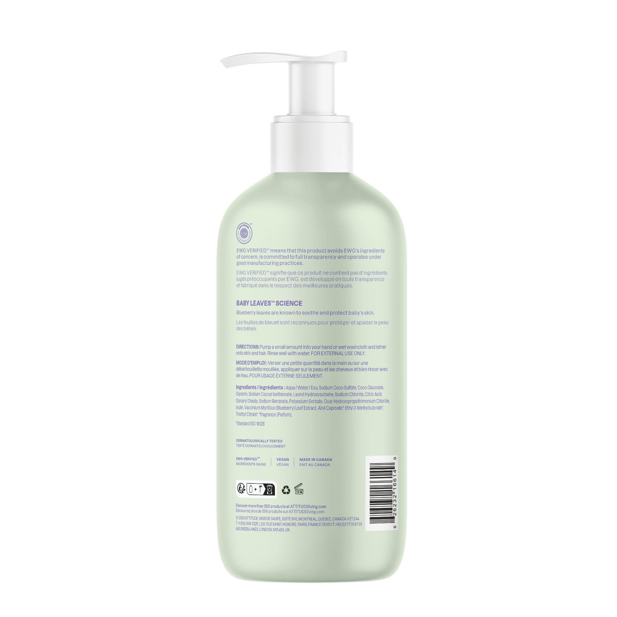 ATTITUDE 2in1 Hair Shampoo and Body Wash for Baby, Plant and Mineral-Based Gentle Formula, EWG Verified, Vegan Baby Products, Pear Nectar, 473 mL