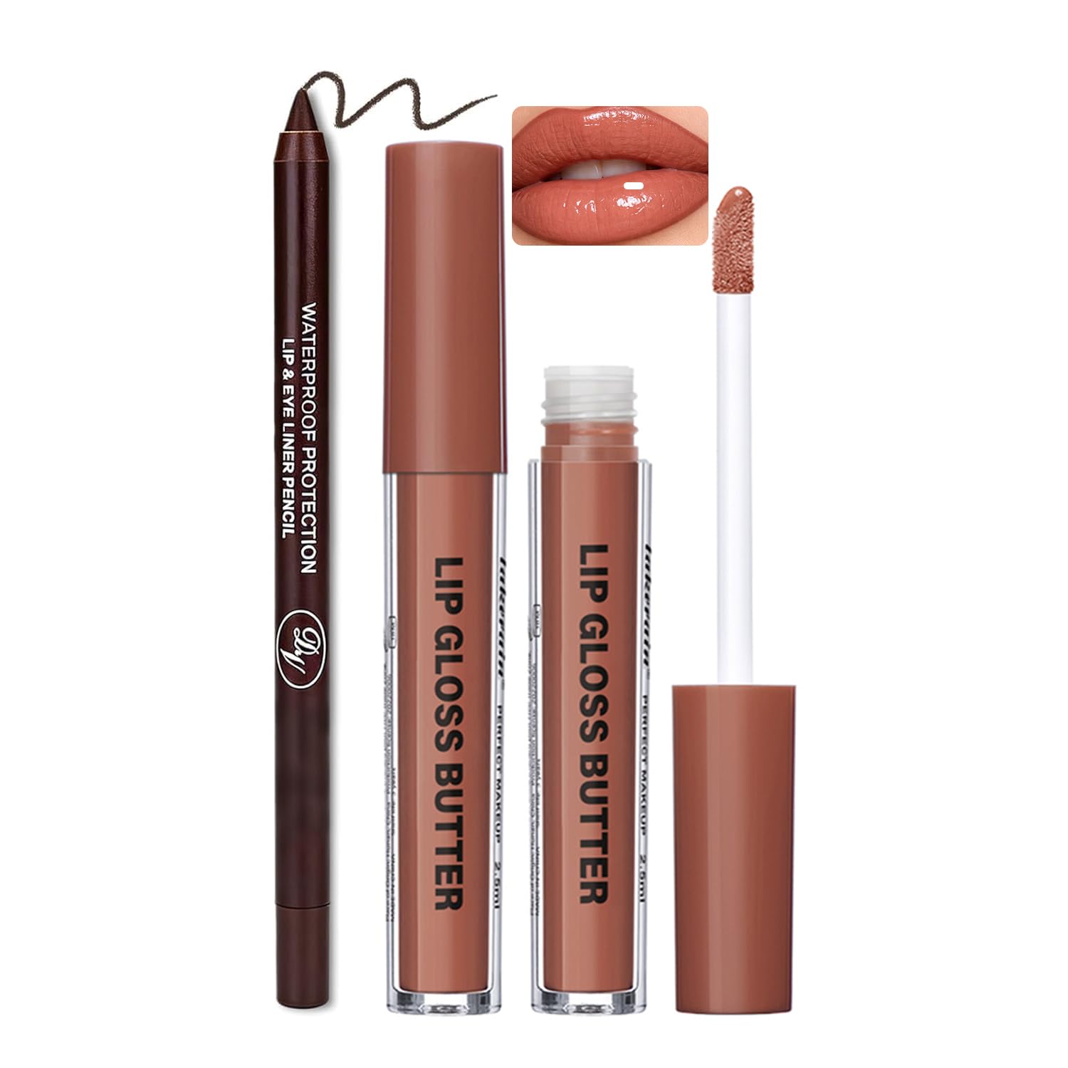 Lip Gloss and Lip Liner Set, Tinted Lip Gloss with Lip Pencil, Waterproof Long Lasting Glossy Lip Combo, Nude Lip Makeup Kit for Women (#V02+104) Halalzen