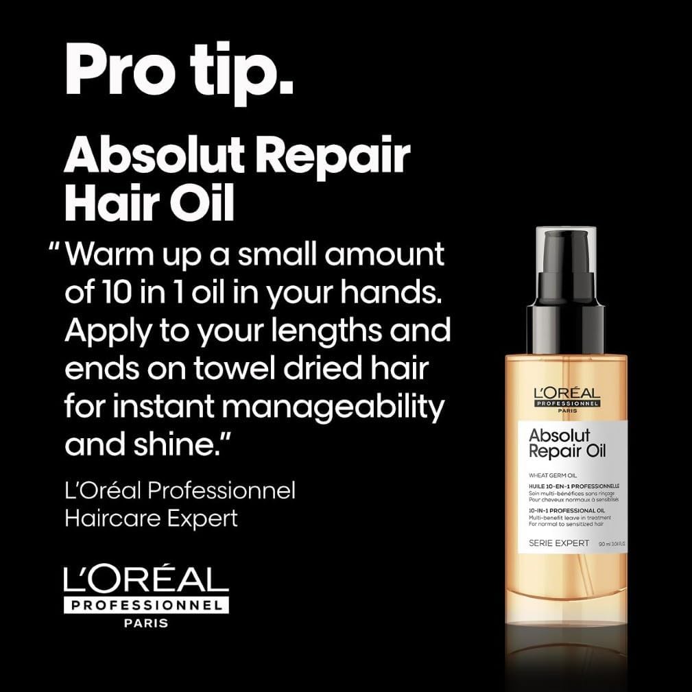 L’Oréal Professionnel Absolut Repair 10-in-1 Leave-in Oil, With Protein And Gold Quinoa for Dry And Damaged Hair, Serie Expert, 90 ml