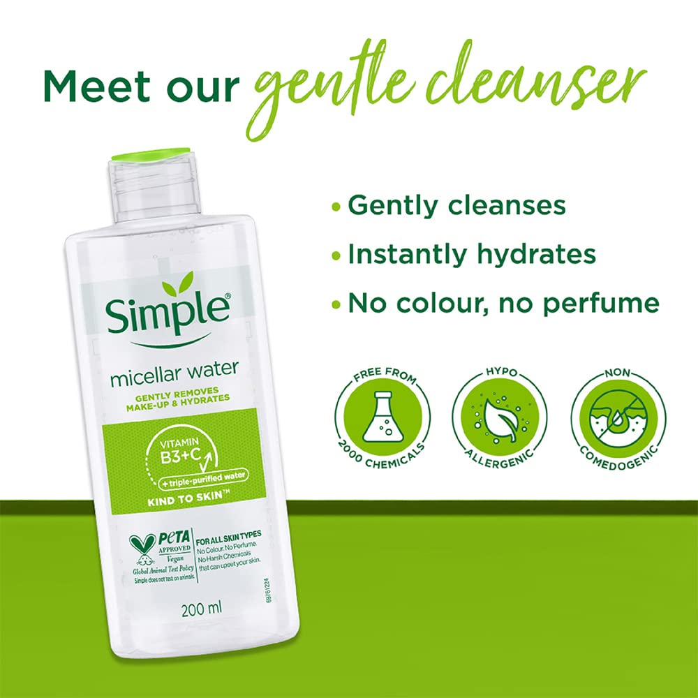 Simple Kind to Skin Cleansing Water Micellar 90% hydration boost facial cleanser and makeup remover, 200ml Halalzen