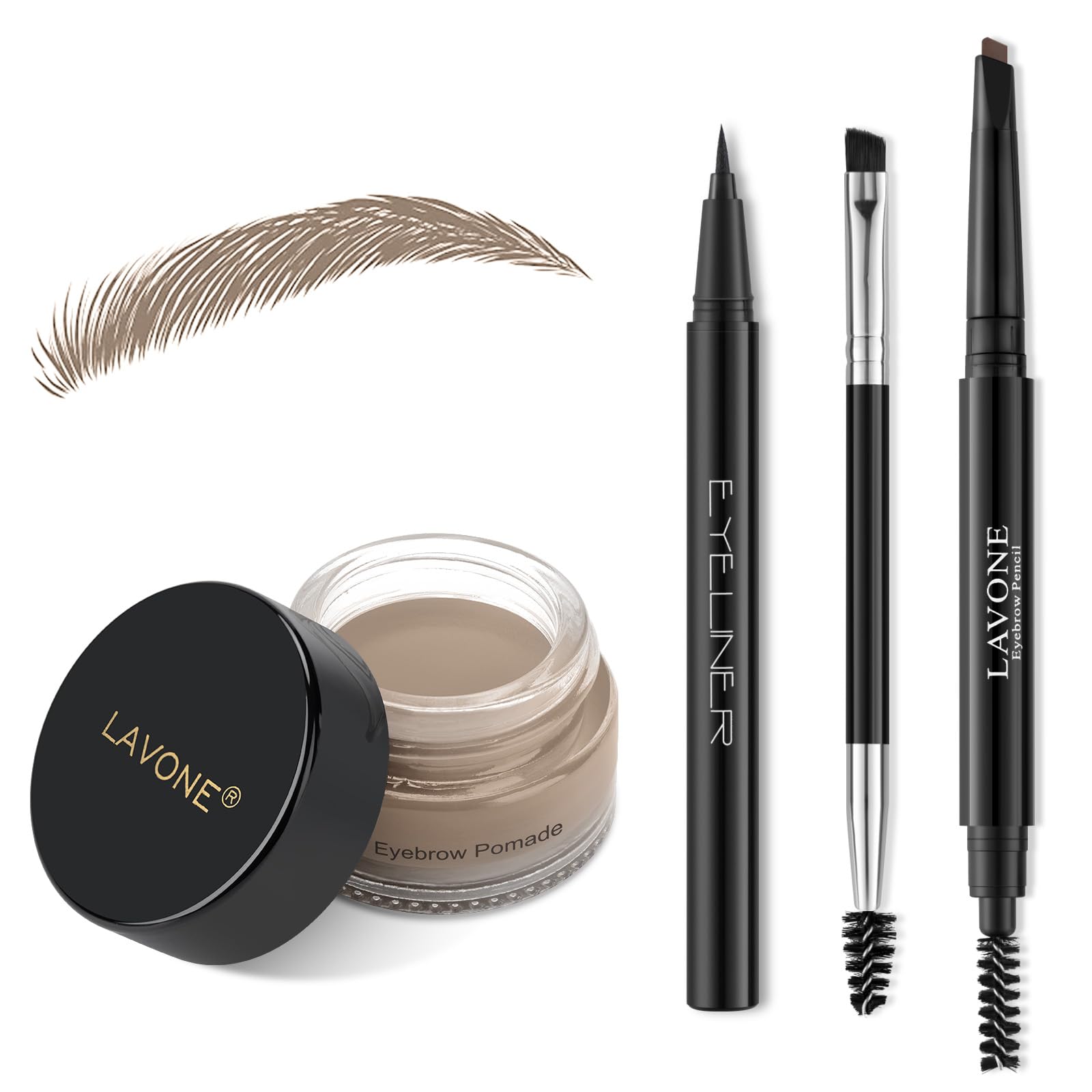 LAVONE Makeup Kit With Eyebrow Stamp Pencil, Waterproof Brow Pencil & Pomade, Eyeliner, Dual-ended Eyebrow Brush, Dark Brown
