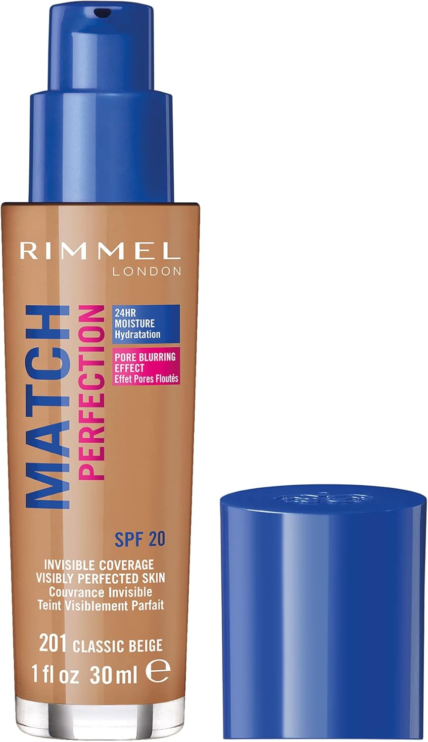 Rimmel Match Perfection Foundation 201 Classic Beige, Medium Coverage, 24hr Hydration, No Caking or Creasing, Lightweight, Reduces Imperfections, Invisible Coverage, SPF20, Cruelty Free Halalzen