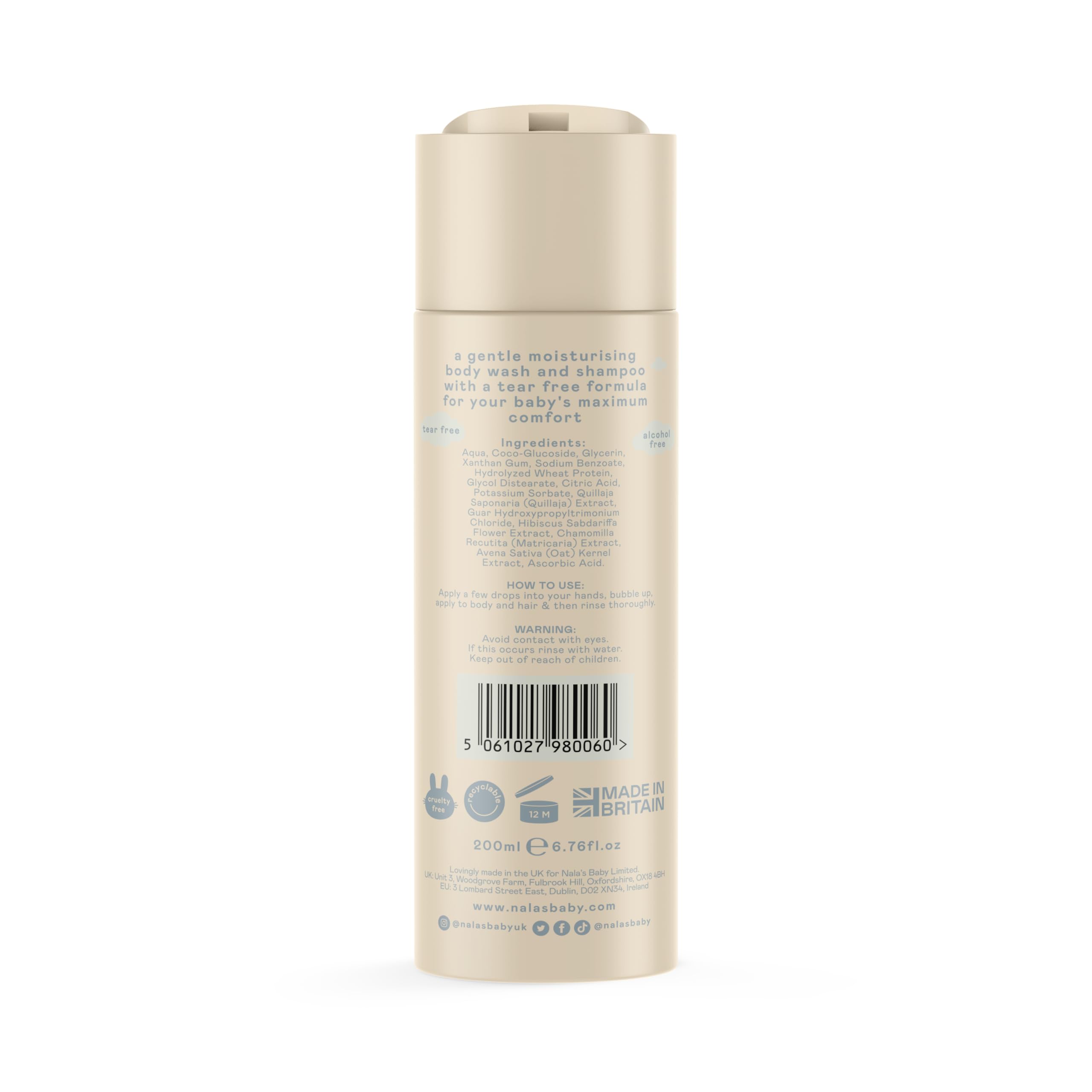 Nala's Baby Body Wash & Shampoo Fragrance-Free | 99% Natural | Dermatologically-tested and Paediatrician-approved | Tear-Free | Soothing Oat | Vegan | 200ml | Nalas Baby