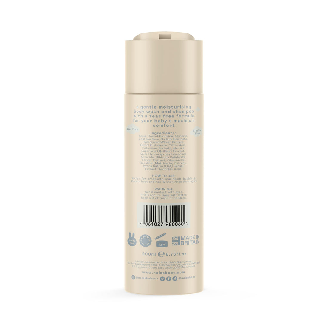 Nala's Baby Body Wash & Shampoo Fragrance-Free | 99% Natural | Dermatologically-tested and Paediatrician-approved | Tear-Free | Soothing Oat | Vegan | 200ml | Nalas Baby