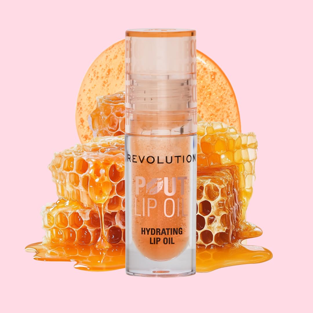 Revolution, Pout Lip Oil, Nourishing Tinted Lip Oil, High Shine, Non-Sticky Finish, Vegan & Cruelty-Free, Glam Pink Shimmer, 4ml