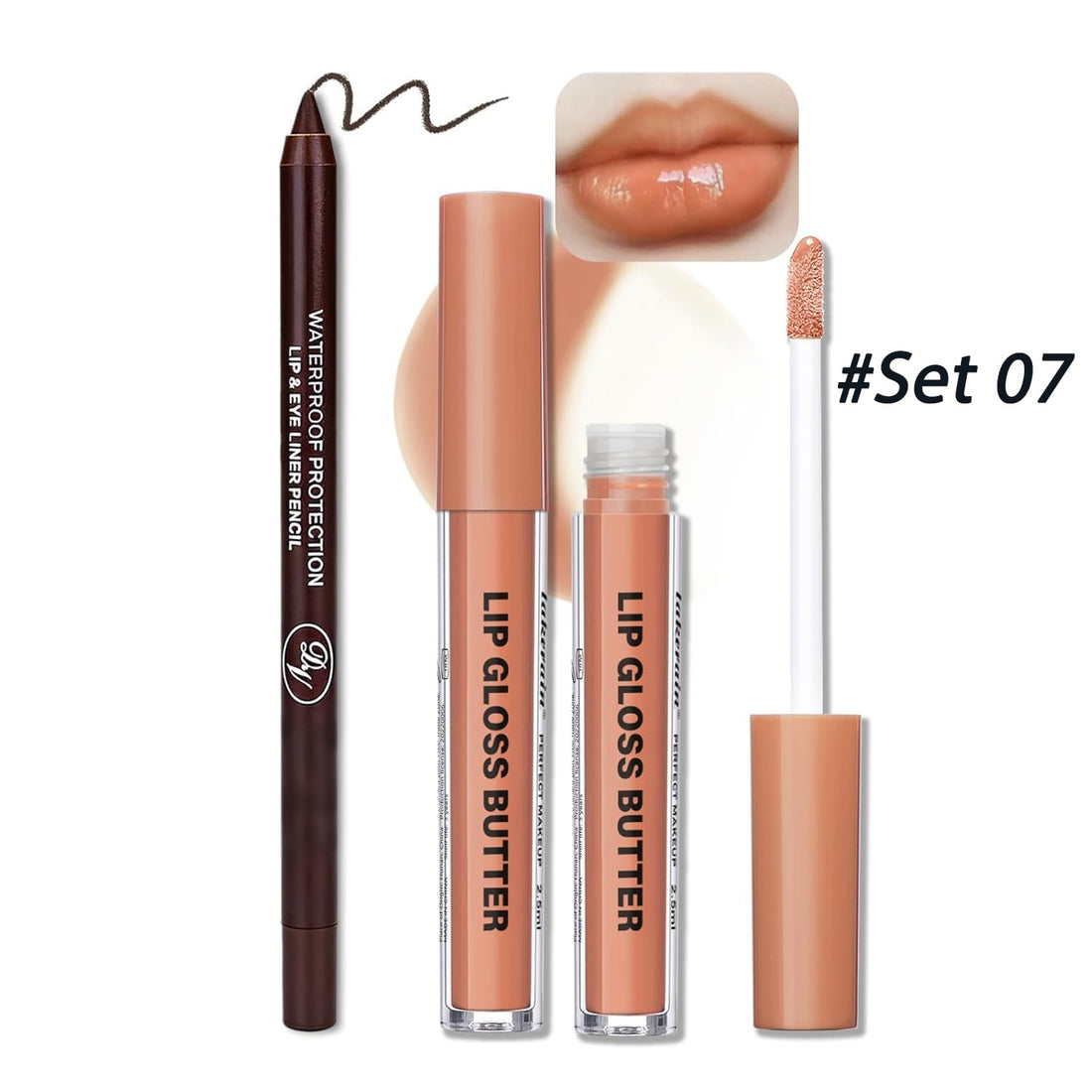 Lip Gloss and Lip Liner Set, Tinted Lip Gloss with Lip Pencil, Waterproof Long Lasting Glossy Lip Combo, Nude Lip Makeup Kit for Women (#V02+104) Halalzen