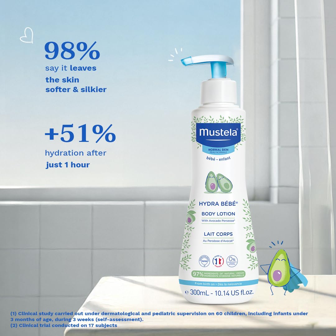 Mustela - Hydra Bébé Body Lotion – Long-Lasting Moisturiser for Baby and Children's Delicate Skin, Non-Greasy, Fast-Absorbing Baby Care formula with Avocado Perseose, Sunflower Oil and Beeswax - 300ml