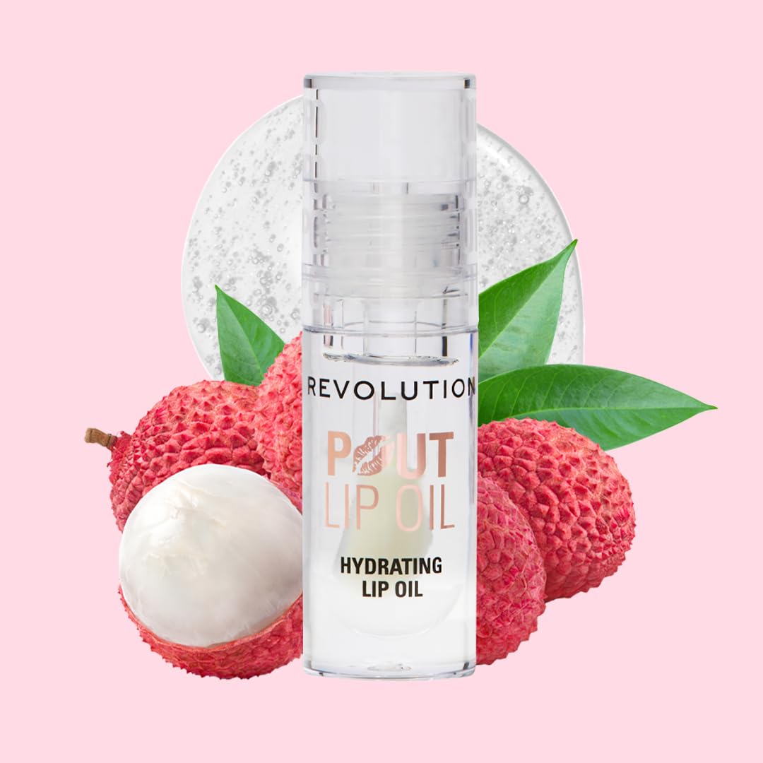 Revolution, Pout Lip Oil, Nourishing Tinted Lip Oil, High Shine, Non-Sticky Finish, Vegan & Cruelty-Free, Lychee Clear, 4ml