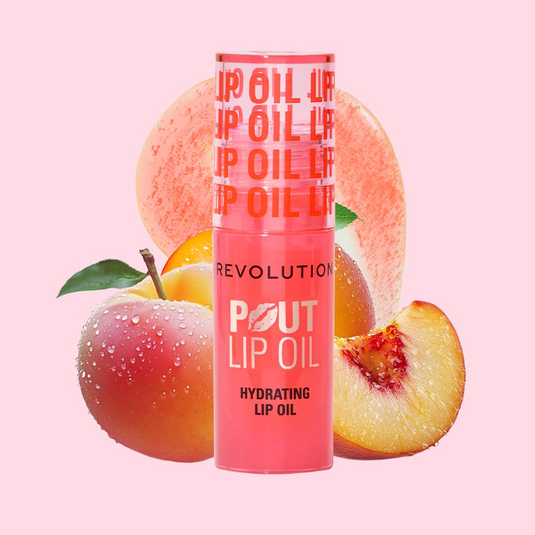 Revolution, Pout Lip Oil, Nourishing Tinted Lip Oil, High Shine, Non-Sticky Finish, Vegan & Cruelty-Free, Glam Pink Shimmer, 4ml