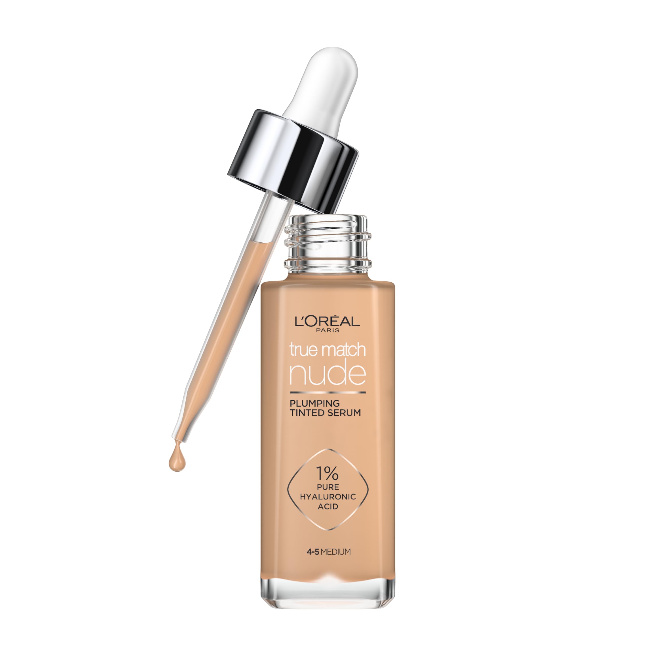 L'Oréal Paris Nude Tinted Serum for Face, Plumping and Hydrating Face Makeup, 1 Percent Pure Hyaluronic Acid, Nude Foundation to Cover, Replumps and Hydrates Skin in One Hour, Shade 4-5 Medium Halalzen