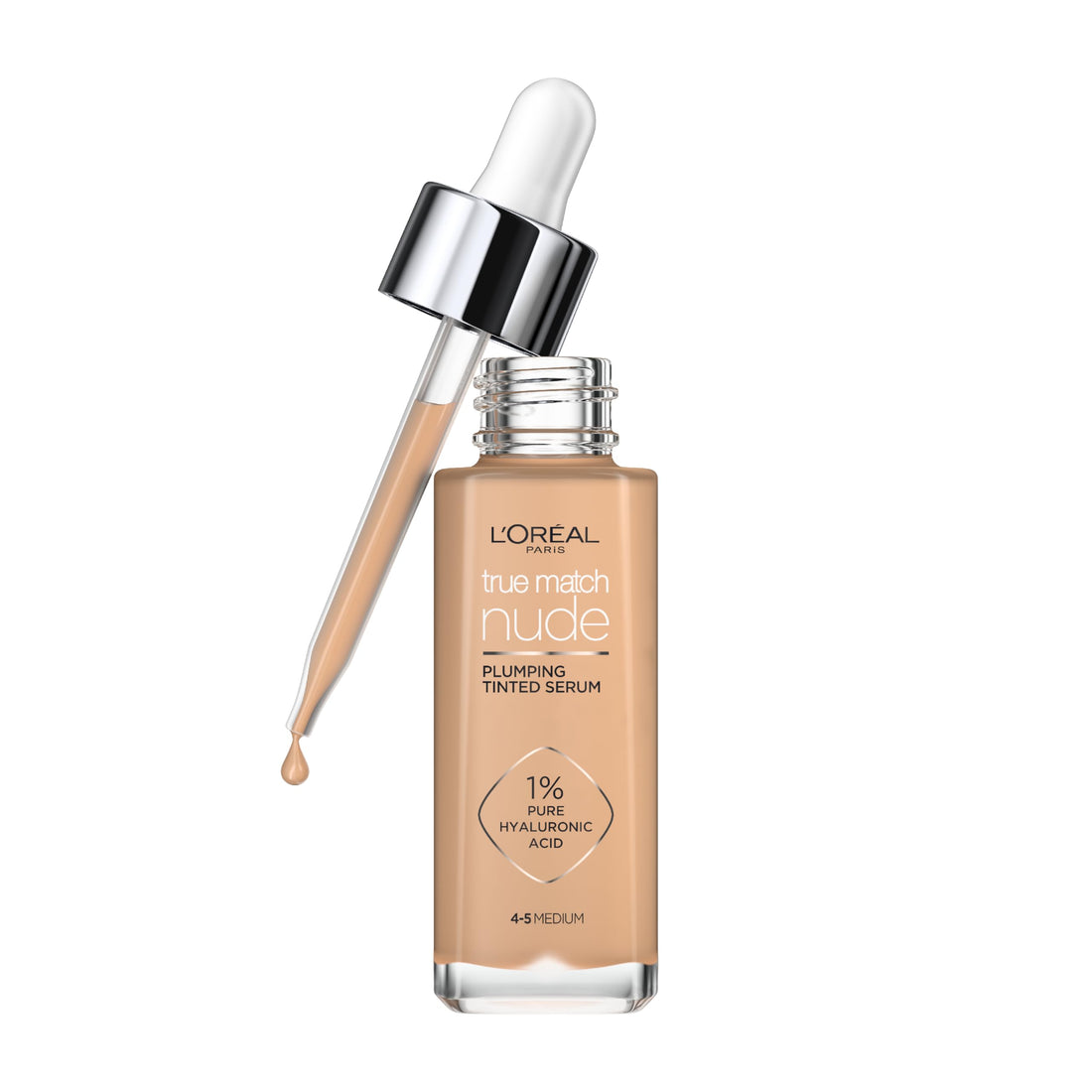 L'Oréal Paris Nude Tinted Serum for Face, Plumping and Hydrating Face Makeup, 1 Percent Pure Hyaluronic Acid, Nude Foundation to Cover, Replumps and Hydrates Skin in One Hour, Shade 4-5 Medium Halalzen