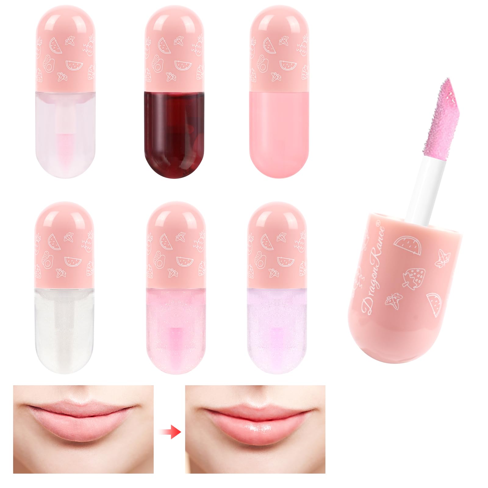 AOOWU 6 Pcs Hydrating Lip Oil Set, Fruit-Flavored Plumping Lip Oil, Long Lasting Lip Glow Balm Lip Care, Transparent Moisturizing No-Sticky Lip Gloss(Peaches,Orange,Avocado,Strawberry,Grape,Cherry)8ML