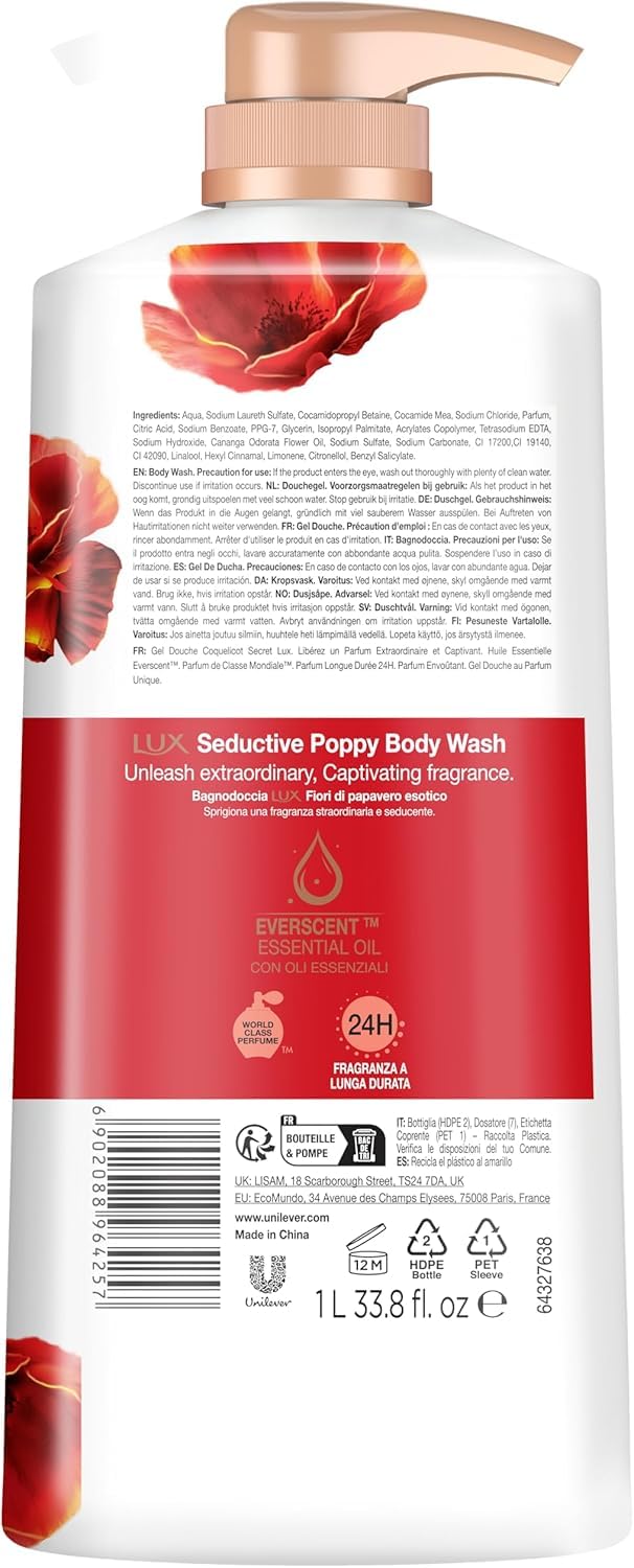 LUX Charming Peony Body Wash with Orange Oil - Men's & Women's Aromatic, Long-Lasting Fine Fragrance Shower Gel, Nourishing Body Cleanser, Aromatic Fragrance Bath Soap - Pack of 1, 1L