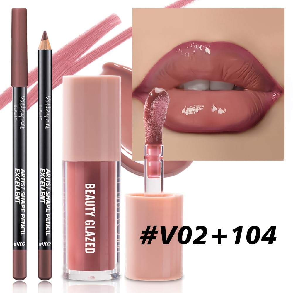 Lip Gloss and Lip Liner Set, Tinted Lip Gloss with Lip Pencil, Waterproof Long Lasting Glossy Lip Combo, Nude Lip Makeup Kit for Women (#V02+104) Halalzen