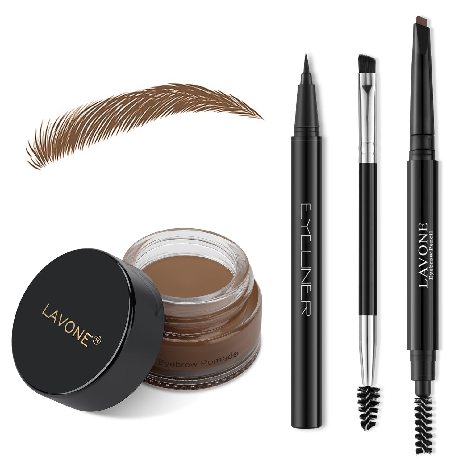 LAVONE Makeup Kit With Eyebrow Stamp Pencil, Waterproof Brow Pencil & Pomade, Eyeliner, Dual-ended Eyebrow Brush, Dark Brown