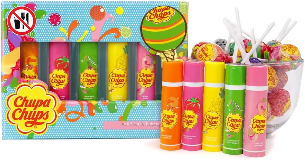Chupa Chups Lip Licking Lip Balm Collection, 5 Assorted Flavors: Orange Pop, Strawberry Swirl, Melon Mix, Pineapple Punch, and Peach Pulp - Fun, Flavored Lip Care Gift Set for Kids and Adults Halalzen