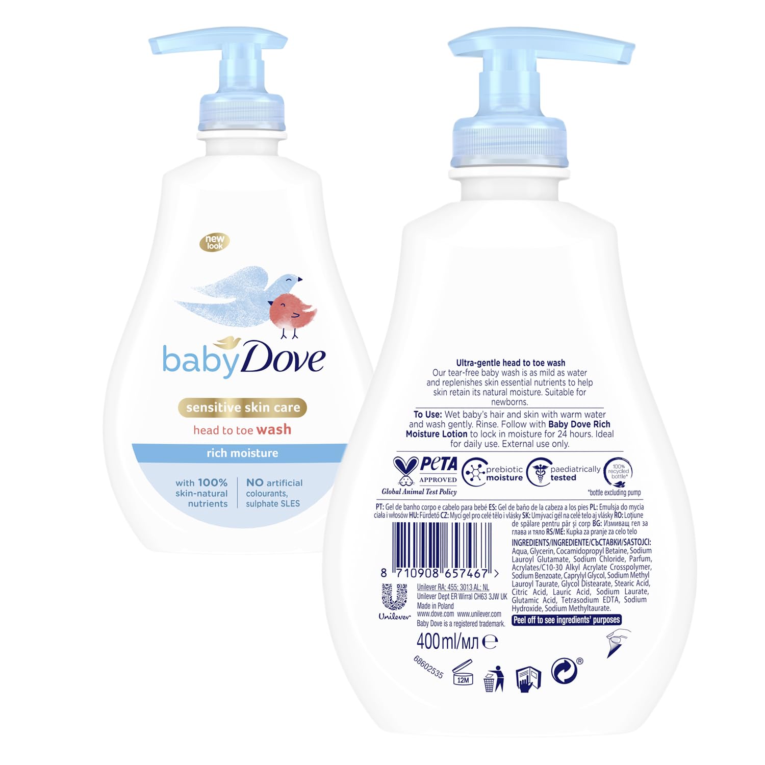 Baby Dove Rich Moisture Head to Toe Wash - Gentle & Nourishing Hair and Body Wash for Babies, Tear-Free Formula, Delicate Fragrance, Keeps Hair and Skin Soft, Ideal for Newborns - 400ml, Pack of 3
