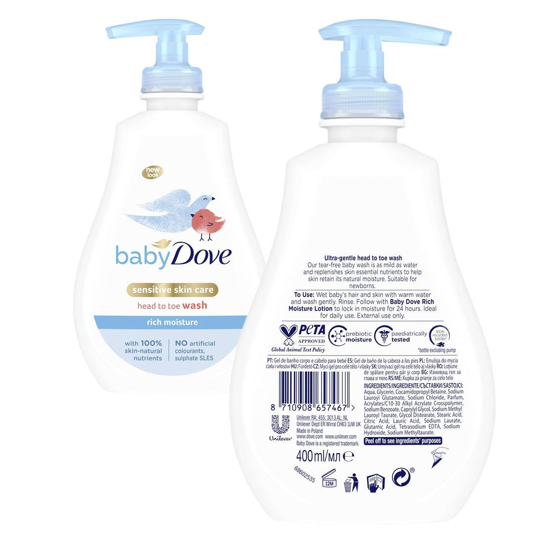 Baby Dove Rich Moisture Head to Toe Wash - Gentle & Nourishing Hair and Body Wash for Babies, Tear-Free Formula, Delicate Fragrance, Keeps Hair and Skin Soft, Ideal for Newborns - 400ml, Pack of 3