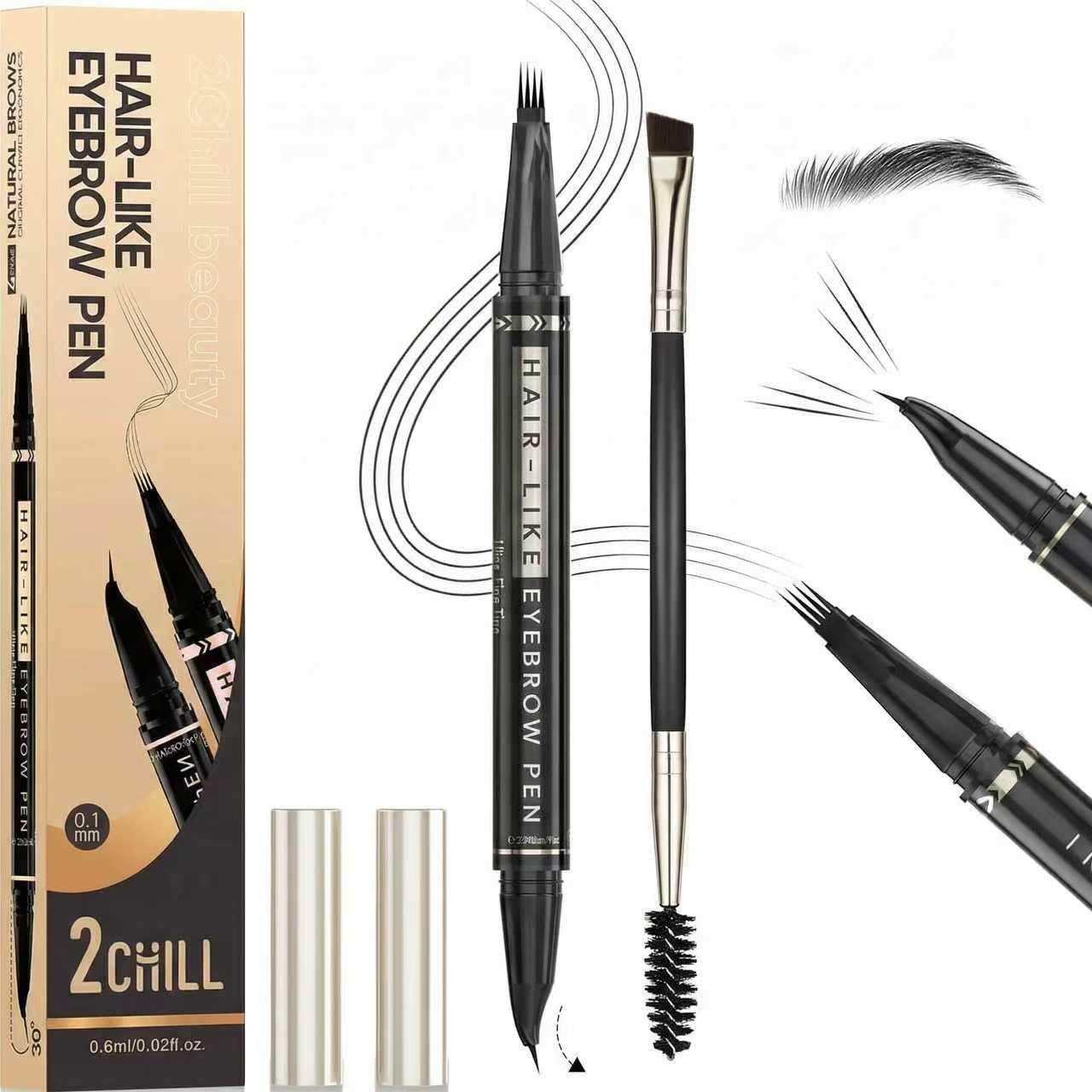 2CHILL 30° Curved Eyebrow Pencil, Magic 2 in 1 Eyebrow Pen Pro, Waterproof Eye Brow Pen with 4 Tips, Vivid Microblading Brow Pencils for Women, Last All Day Makeup (03 Dark Brown)