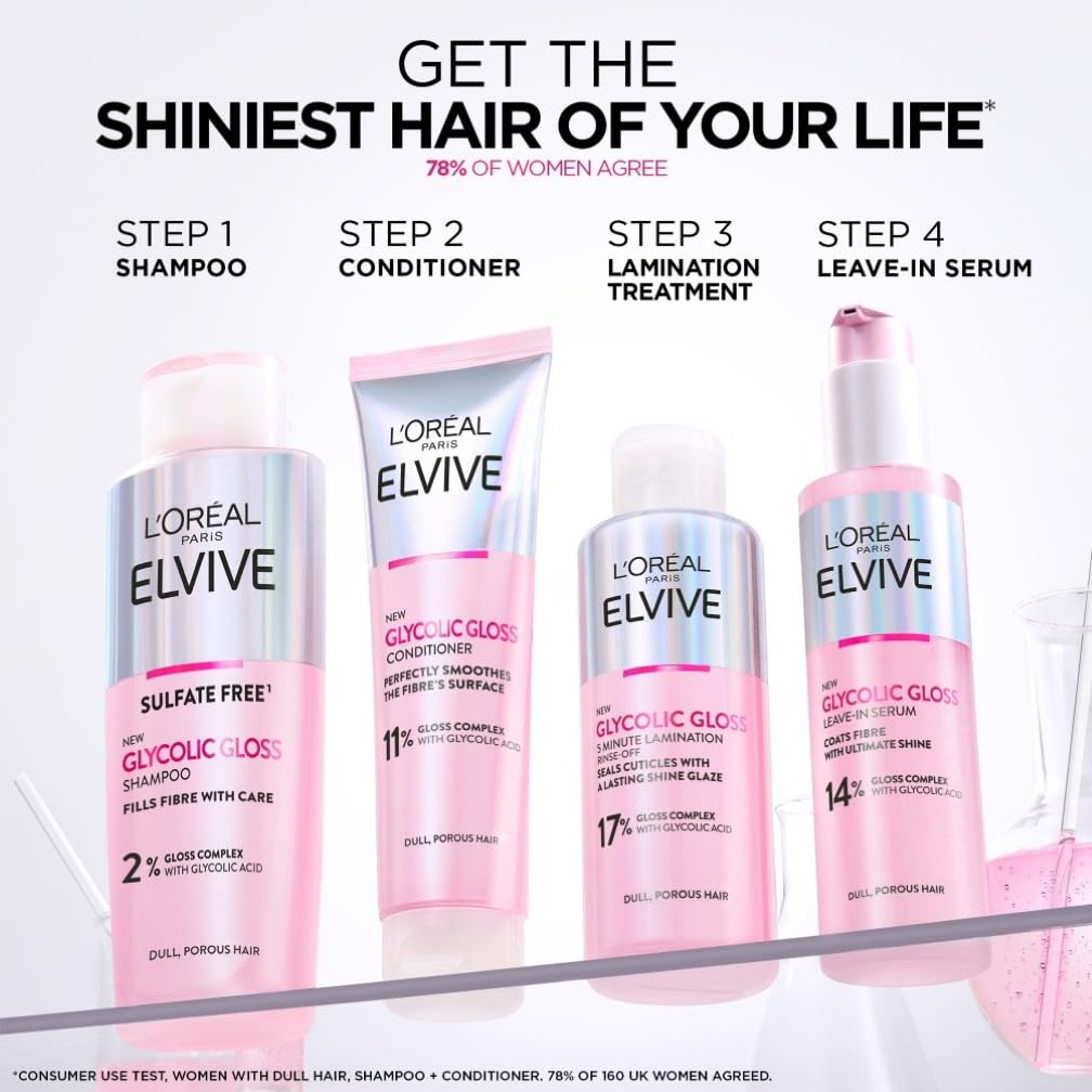 L'Oréal Paris Hair Serum For Dull Lifeless Hair, Elvive Glycolic Gloss Leave-In Treatment With 14% Gloss Complex, Fills Hair Fibres For Smoothness And Heat Damage Protection With Mirror Shine, 150ml
