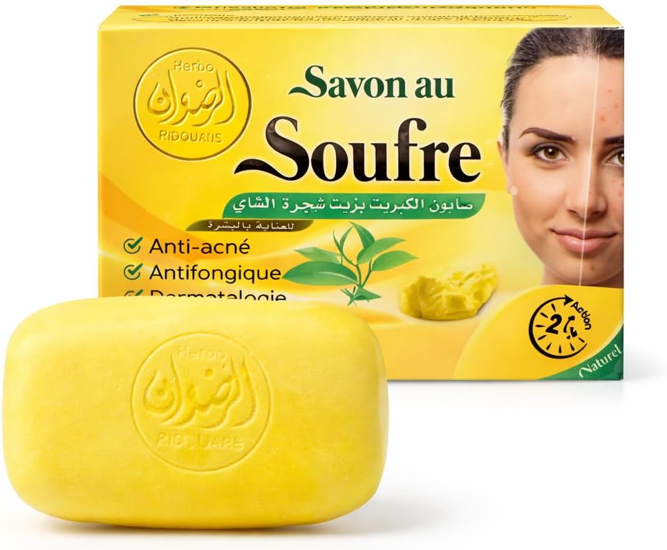 Sulphur Soap Anti-Acne Bar – Antibacterial & Antifungal Soap for Face and Body – Helps Reduce Acne, Oily Skin & Blemishes – Deep Cleansing Sulphur Soap 100g Halalzen