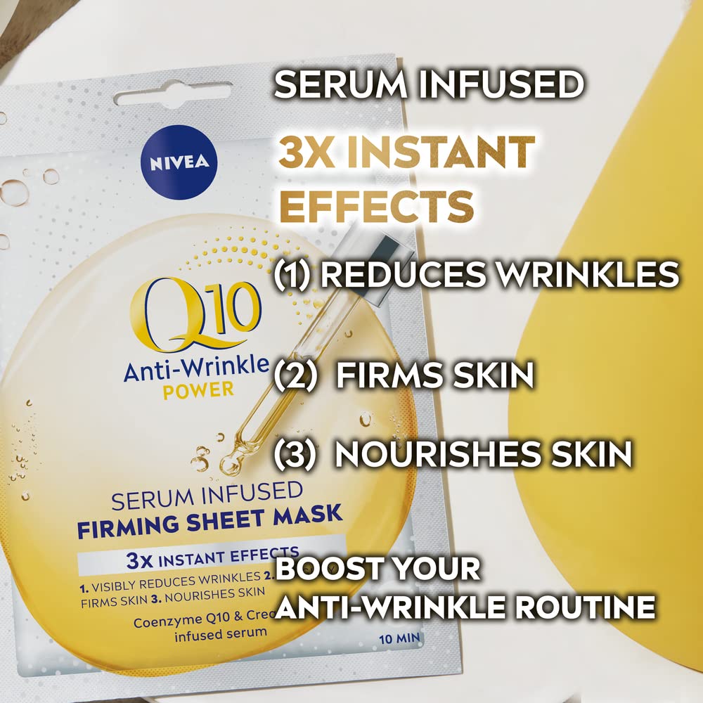 NIVEA Q10 + C Power Anti-Wrinkle + Energy Sheet Mask (1 Piece), Anti Ageing Moisturiser Mask with Vitamin C, Face Mask with Coenzyme Q10, Anti Wrinkle Cream Mask