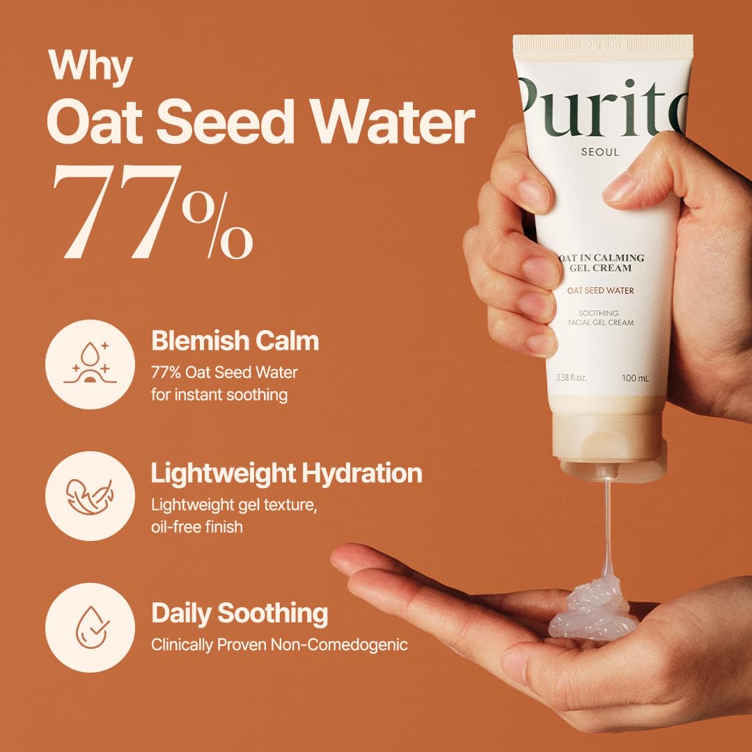 PURITO Oat In Calming Gel Cream, Oat Seed Water, Lightweight Non-Sticky Moisturizer, Non-Comedogenic, Fragrance-Free, Korean Skincare, 100ml 3.38 fl.oz