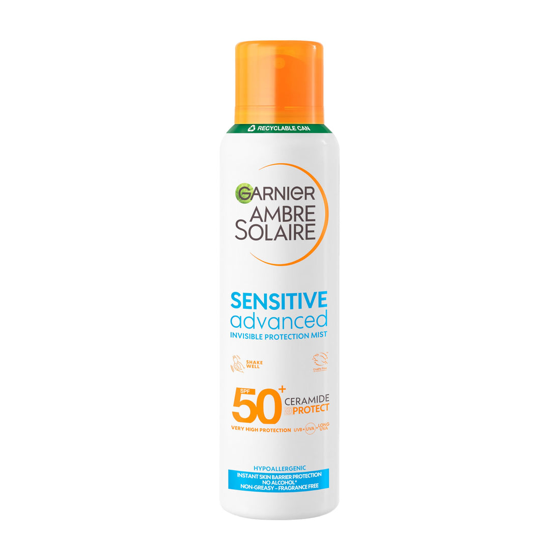 Garnier Ambre Solaire Sun Cream Spray SPF50+ Sensitive Advanced Sunscreen, Factor 50, Water Resistant, Non-Greasy, Fragrance-Free, Hypoallergenic, UVA UVB Protect with Ceramide, 150ml