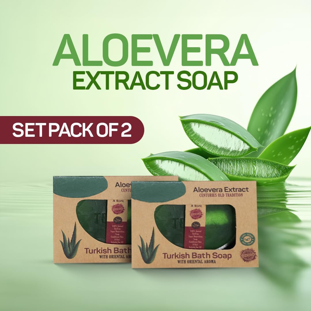 Aloe Vera Extract Turkish Bath Soap with Rope, Vegan Moisturizing Cleansing Bar for Sensitive Skin, Plant Based, 2 Pack Halalzen