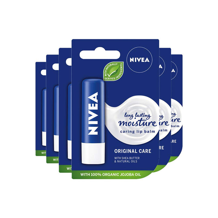 NIVEA Lip Balm Original Care Pack of 6 (6 x 4.8g) Protective Lip Moisturiser with Shea Butter and Natural Oils, Caring Lip Balm for 24h Moisture Care, Lip Care with Melt-In Formula Halalzen